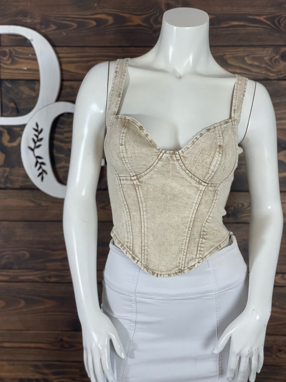 SHEIN | MOD Vintage Denim Beige Corset Bustier‎ Top Structured Waist Support Zip
